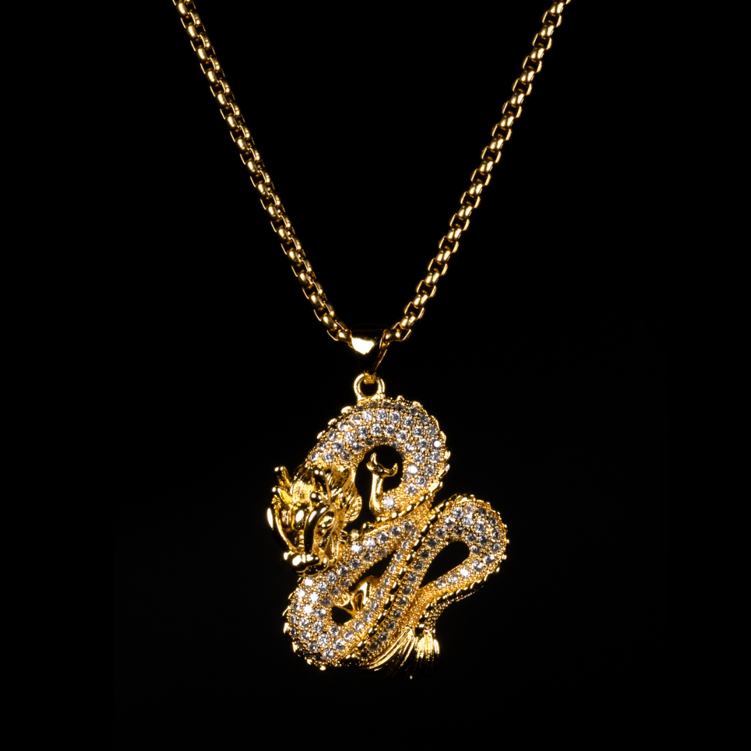 Bakunawa I - 18K Gold-Plated Dragon Pendant with Rhinestones Necklace