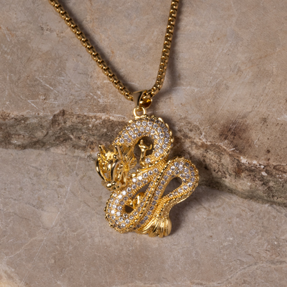 Bakunawa I - 18K Gold-Plated Dragon Pendant with Rhinestones Necklace