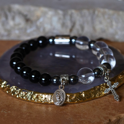 Rosaryo II - Black Onyx, Clear Quartz & Hematite Rosary Bracelet Bracelet