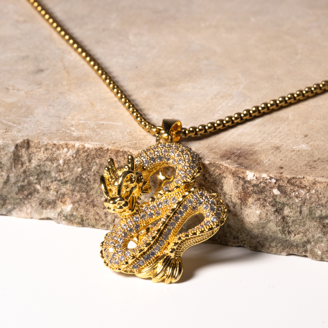 Bakunawa I - 18K Gold-Plated Dragon Pendant with Rhinestones Necklace